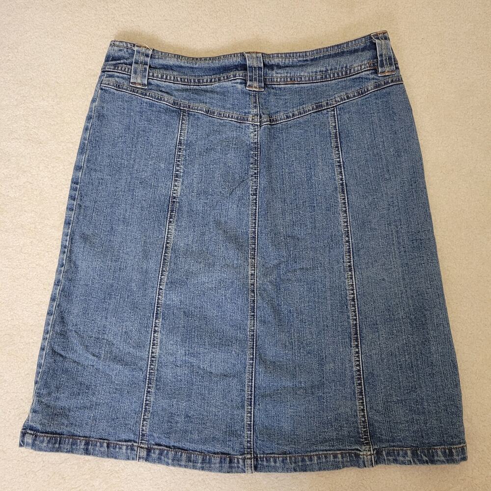 Villager 10 Blue Denim Jean Skirt Button Front Pockets Knee Length Stretch - Picture 4 of 9